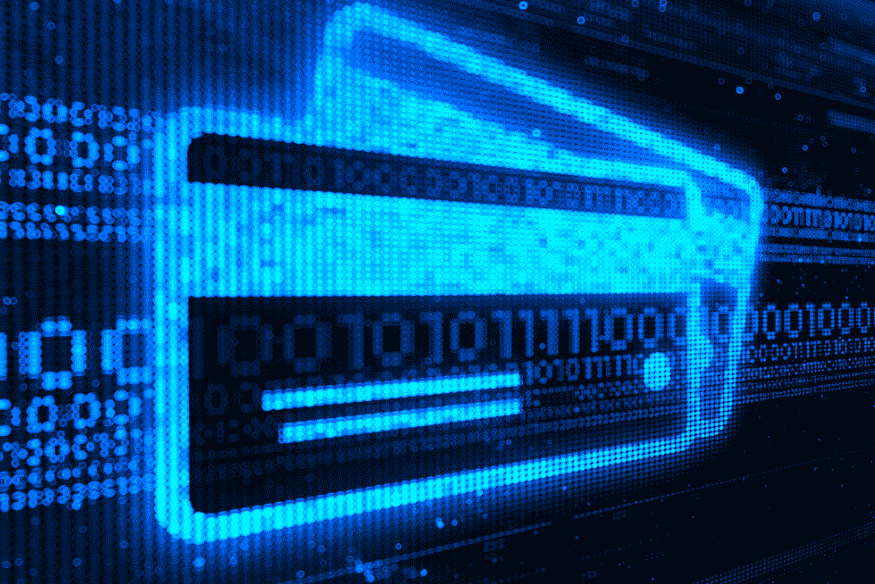 Tarjeta de crédito digital azul compuesta por datos binarios en un entorno tecnológico.